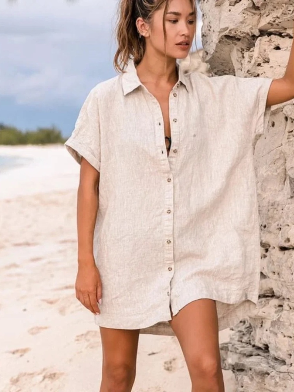 Rhythm Classics Linen Shirt Dress S Sand Beige Button Front NWT